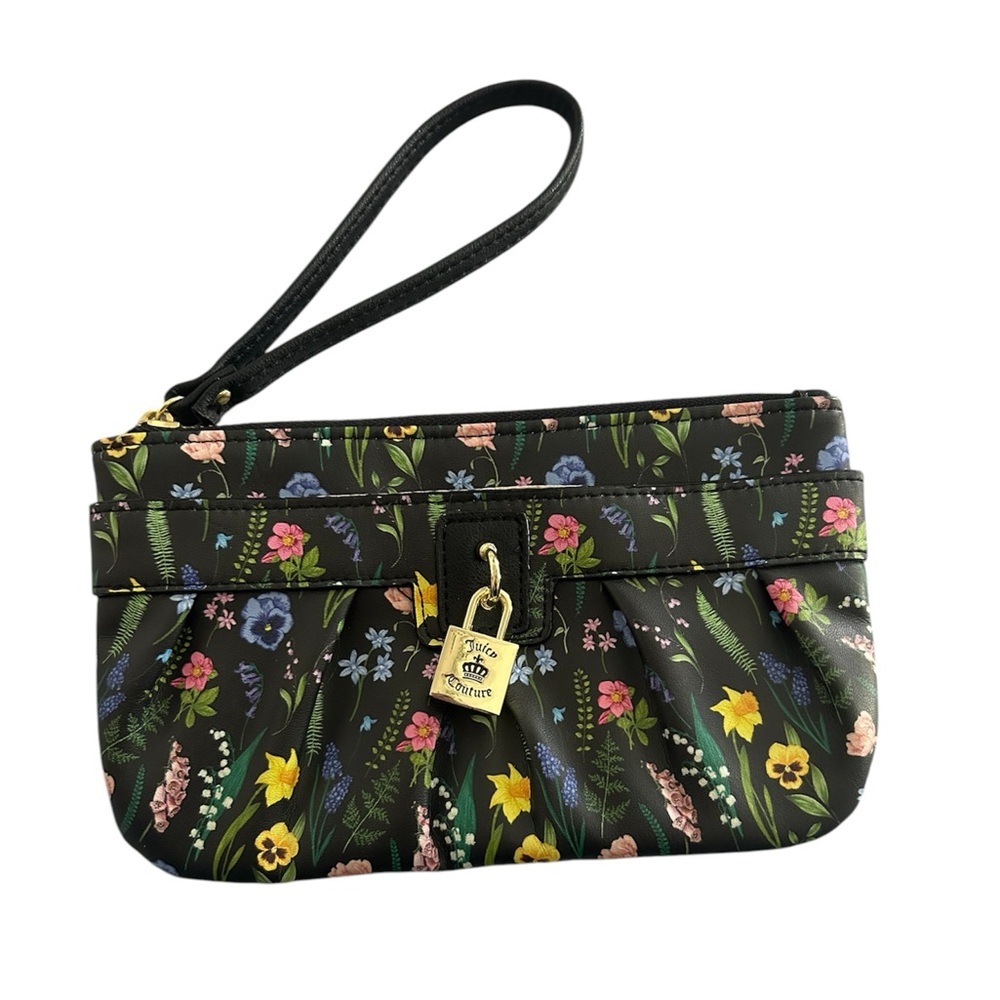 JUICY COUTURE BLACK/MULTI FIELD FLORAL WALLET/WRISTLET/FAUX LOCK NWOT